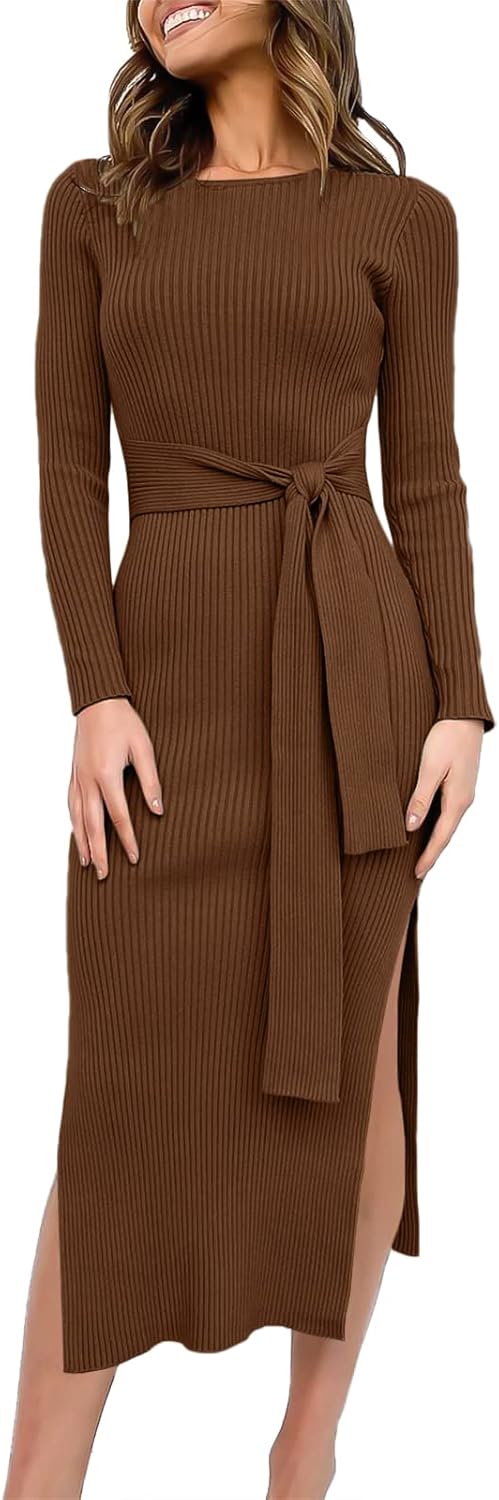 Womens Long Sleeve Sweater Dress with Tie Waist and Slit