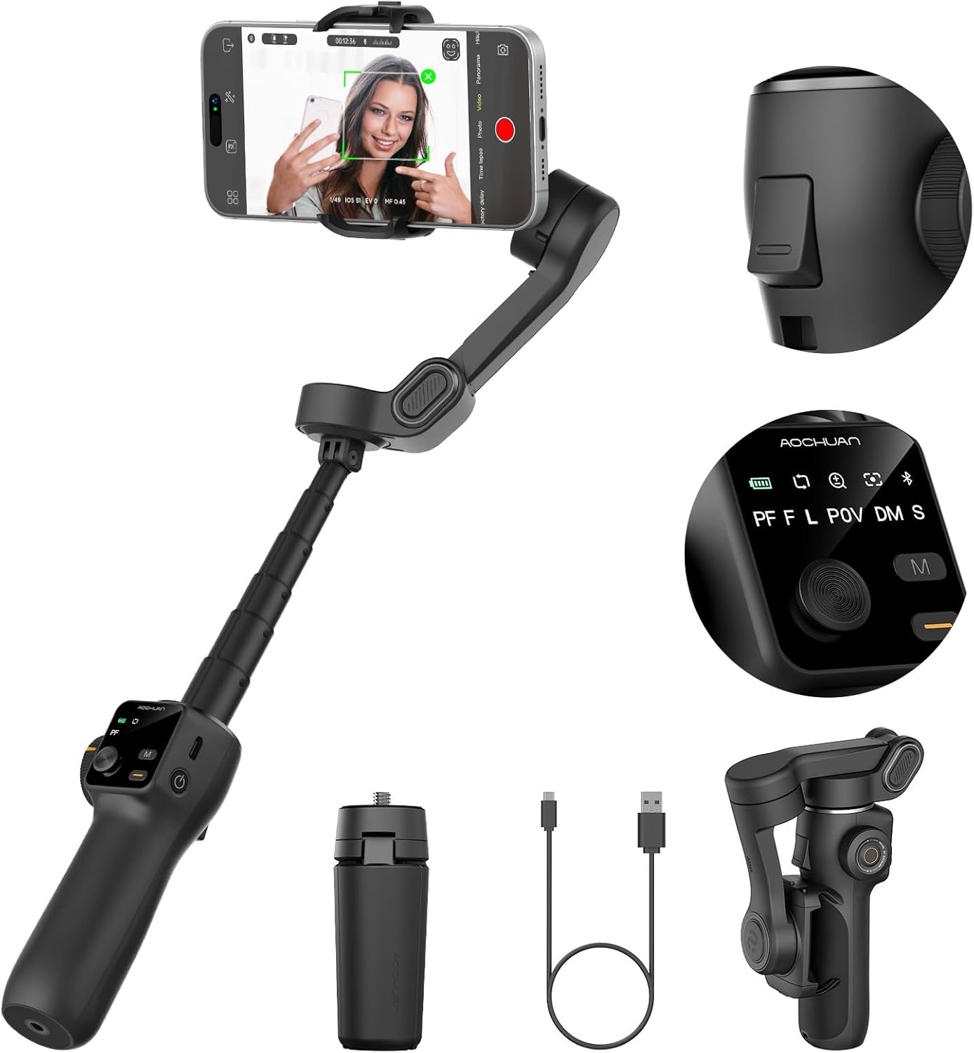 3-axis Gimbal Stabilizer with 7.8ft Extension Rod for Vlogging