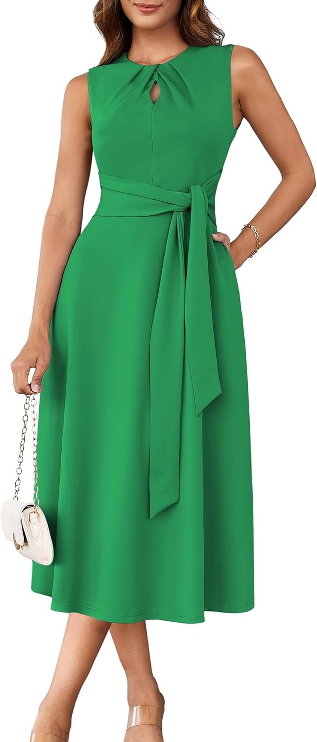 Elegant Sleeveless Tie Waist Midi Dress for Women with Pockets