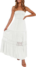 Women's Bohemian Strapless Lace Trim Backless Maxi Dress - Flowy