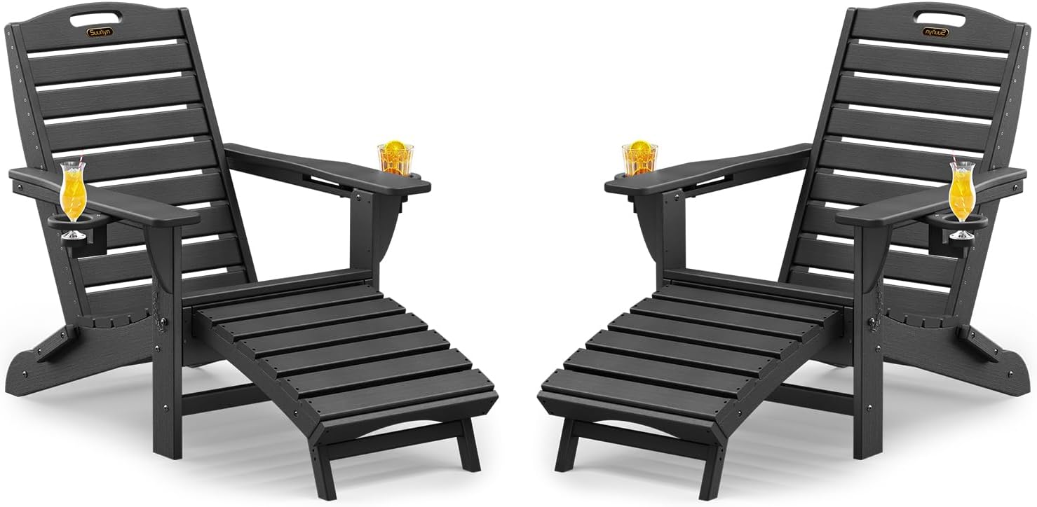 Folding Adirondack Chairs Set of 2 with Retractable Ottoman