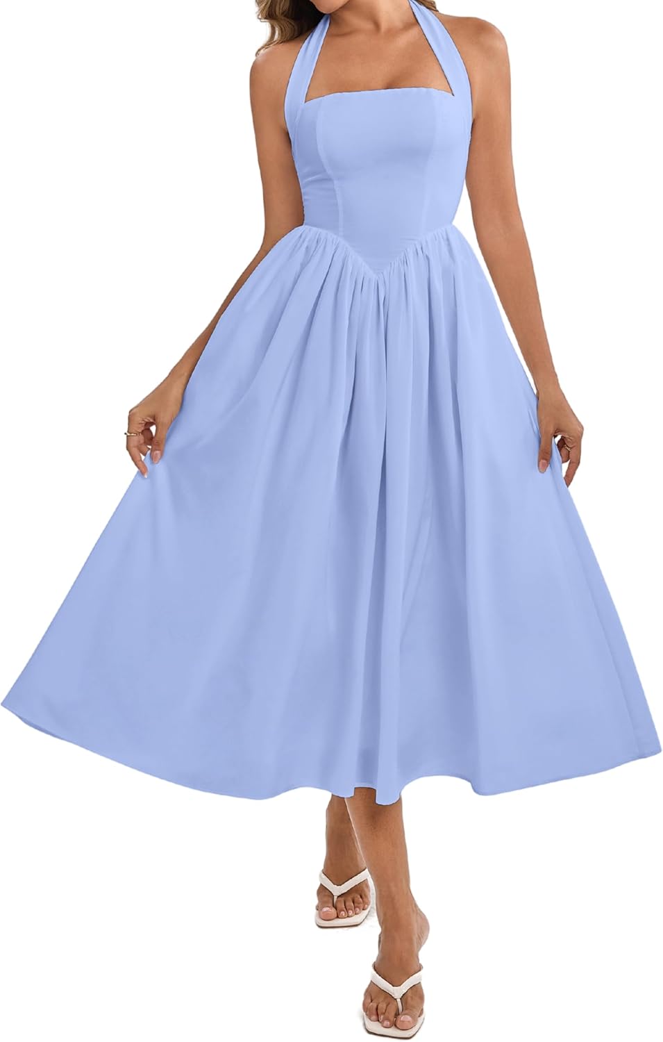 Parthea Women's Summer Halter Corset Midi Dress with Pockets