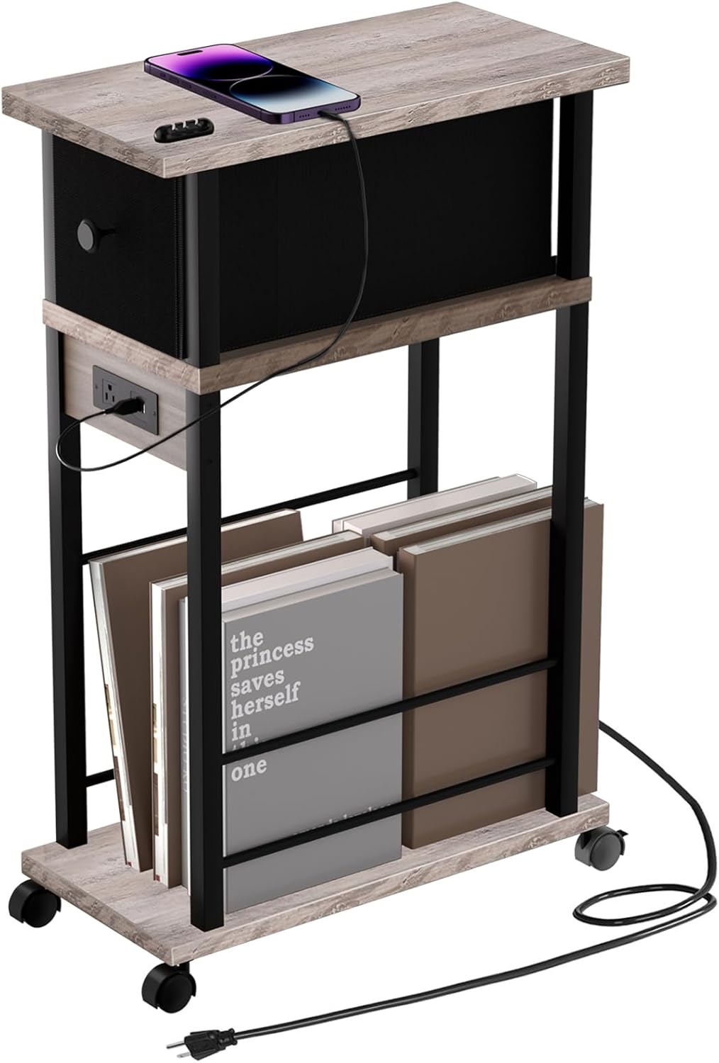Side Table with Charging Station and Drawer for Small Spaces