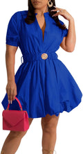 Womens Mini Dress Puff Sleeve Button Down V Neck - High Waist Belt