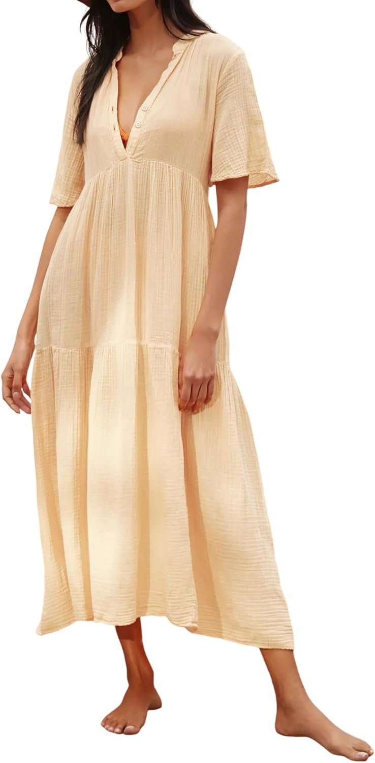 Womens Summer Cotton Flowy Maxi Dress for Casual Beach Wear