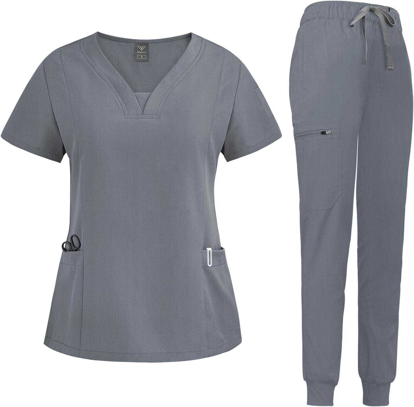 Niaahinn Scrub Suit Set for Women with V-neck Top & Jogger Pants