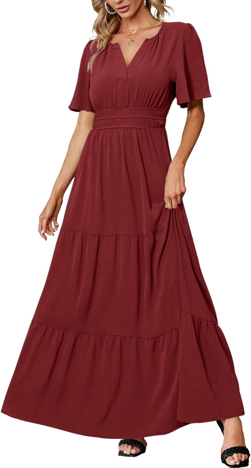 Amegoya Women's Velvet Short Sleeve V Neck Maxi Dress for Weddings