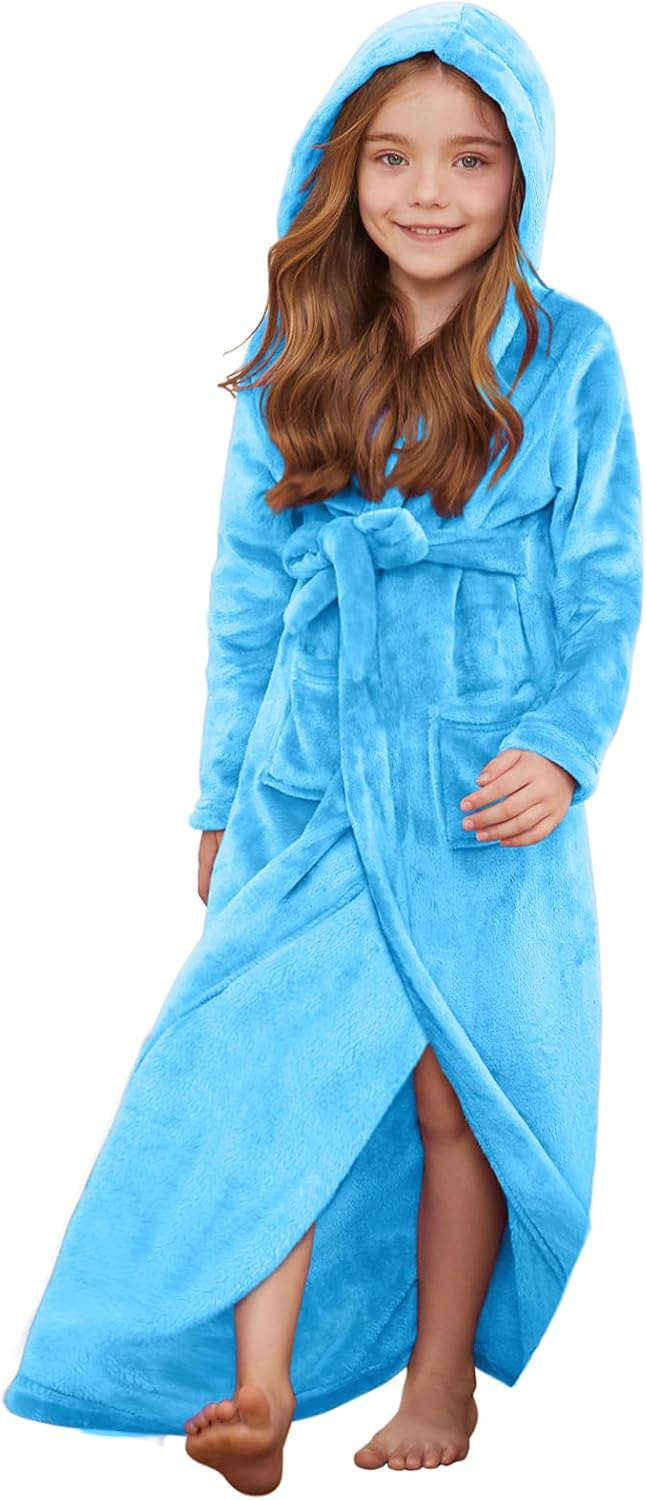 Jxstar Girls Bathrobes Long Hooded Plush Coral Fleece Sleepwear