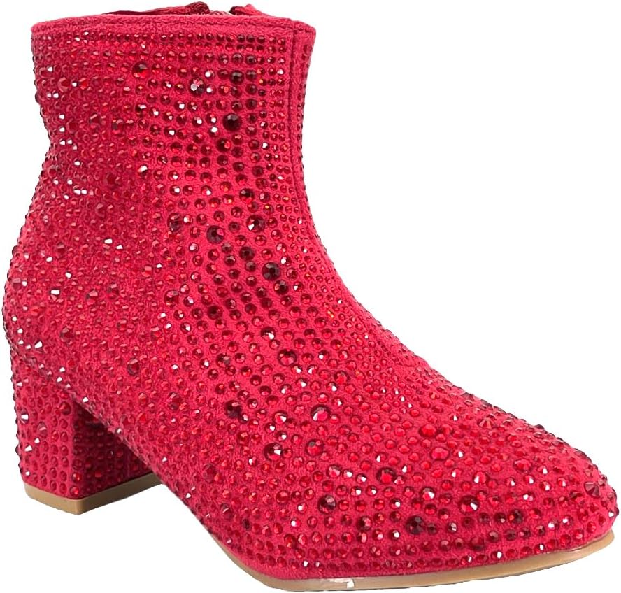ABSOLEX Girle's Rhinestone Round Toe Block Chunky Ankle Booties