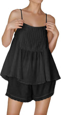 Womens Cotton 2 Piece Summer Pajama Set - Sleeveless Ruffle Trim