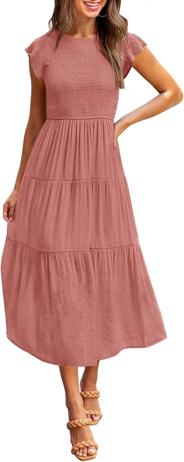MEROKEETY Women's Flutter Short Sleeve Smocked Midi Dress