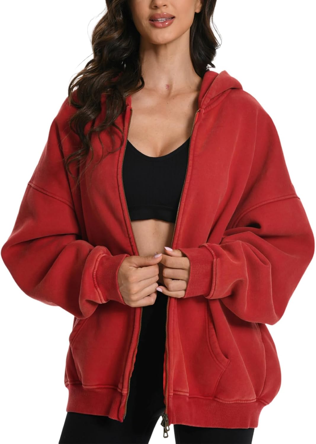 FAIABLE Mens Womens Double Zip Up Hoodie Oversized Vintage Style