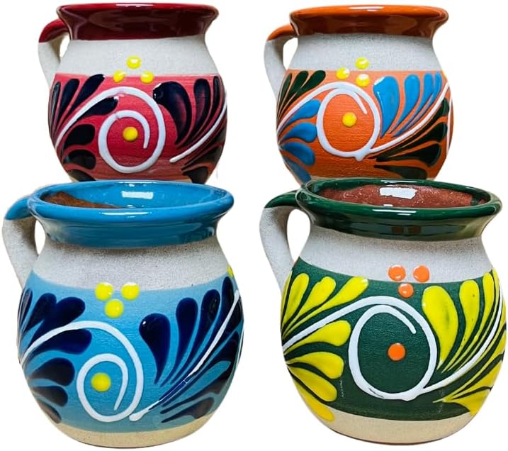 Mexican Decorated Clay Mug Set of 4 - Guelaguetza Designs