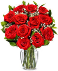 One Dozen Long Stemmed Red Roses with Glass Vase - Classic Gift