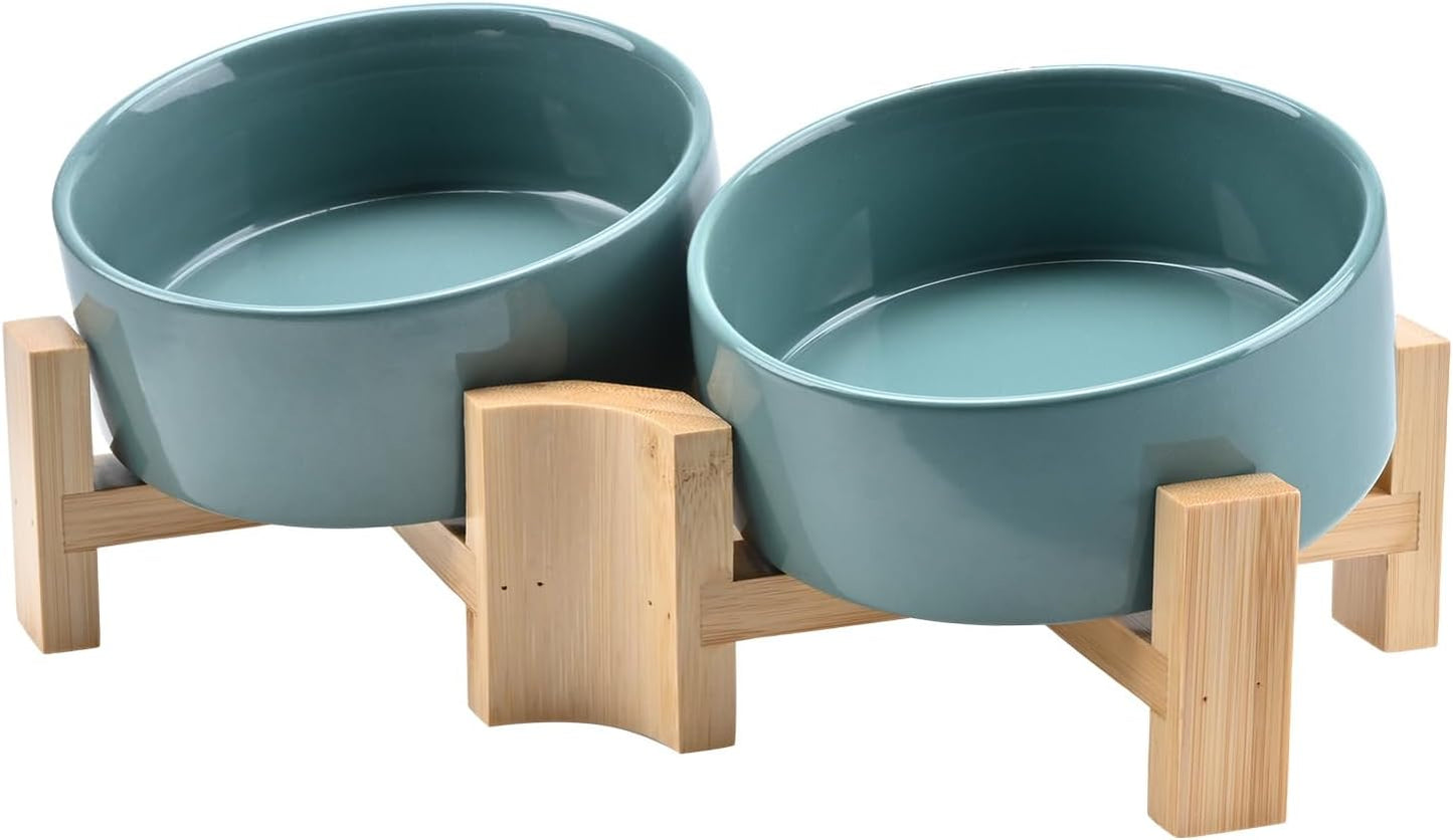Slanted Ceramic Dog and Cat Bowl with Wooden Stand for Pets