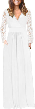 Womens Long Sleeve Maxi Dress with Lace Sleeves - Wrap Waist Style
