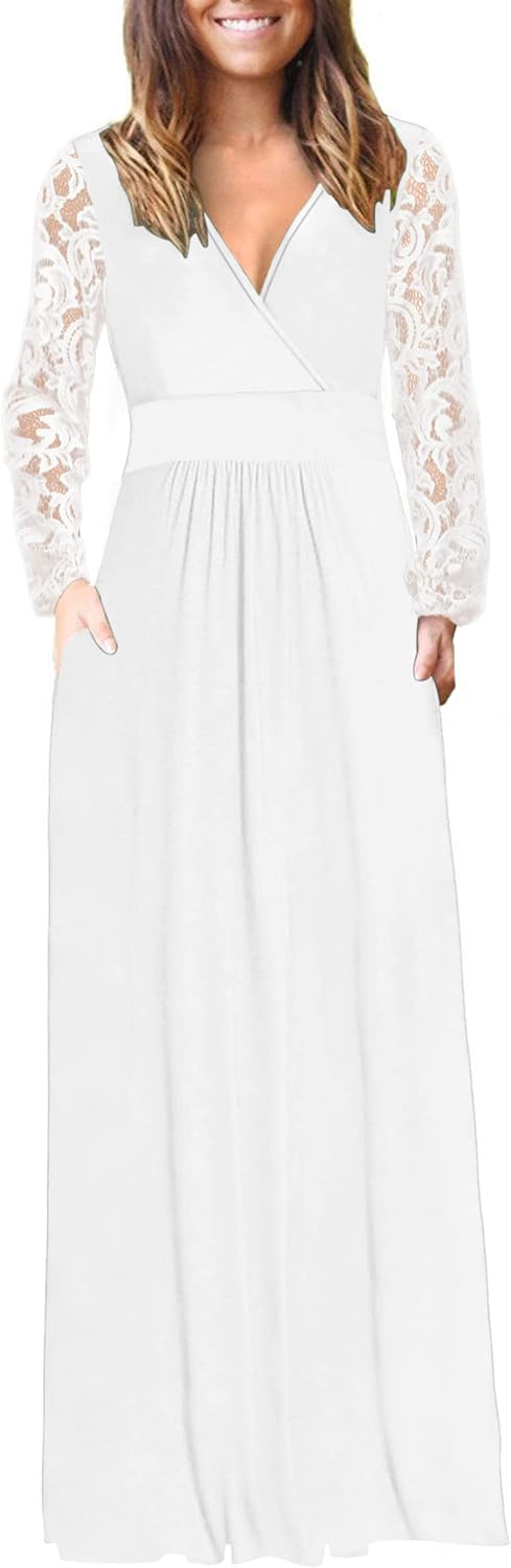 Womens Long Sleeve Maxi Dress with Lace Sleeves and Pockets