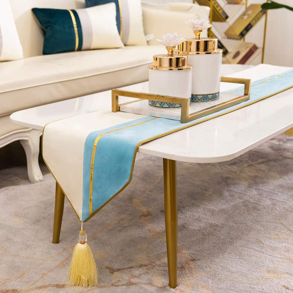 Luxury Light Blue White Gold Table Runner for Elegant Decor