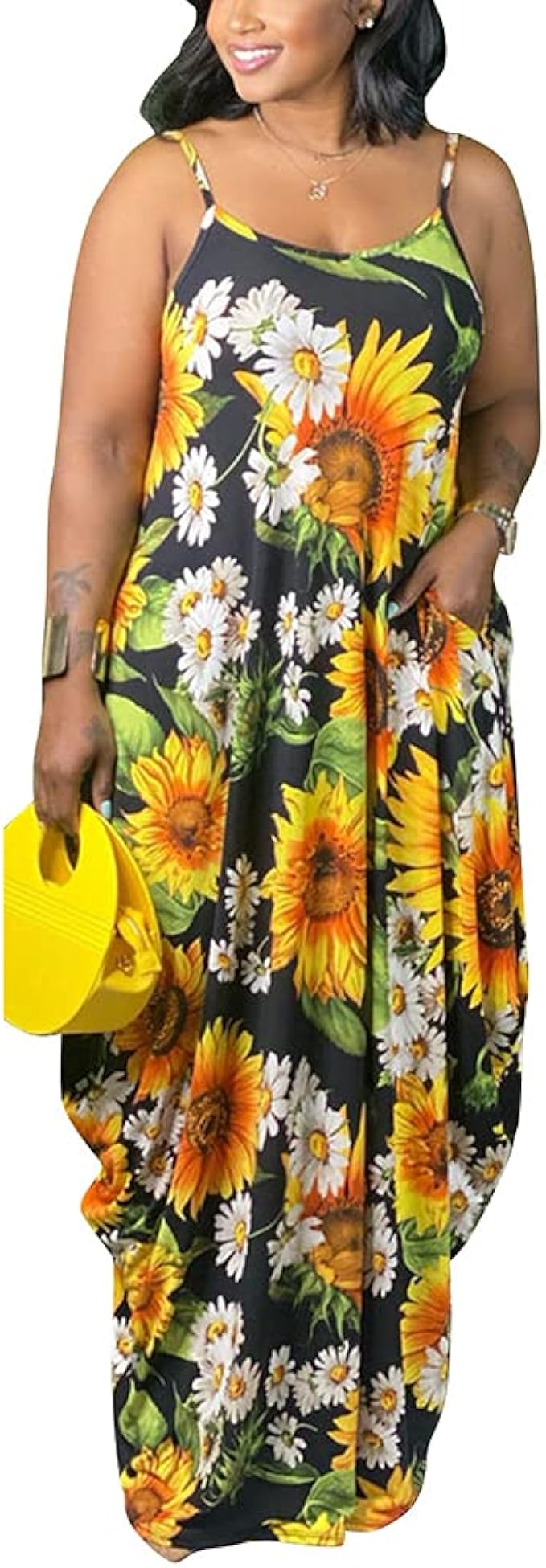 WOOSEN Womens Summer Suspender Maxi Dress with Pockets and Belt