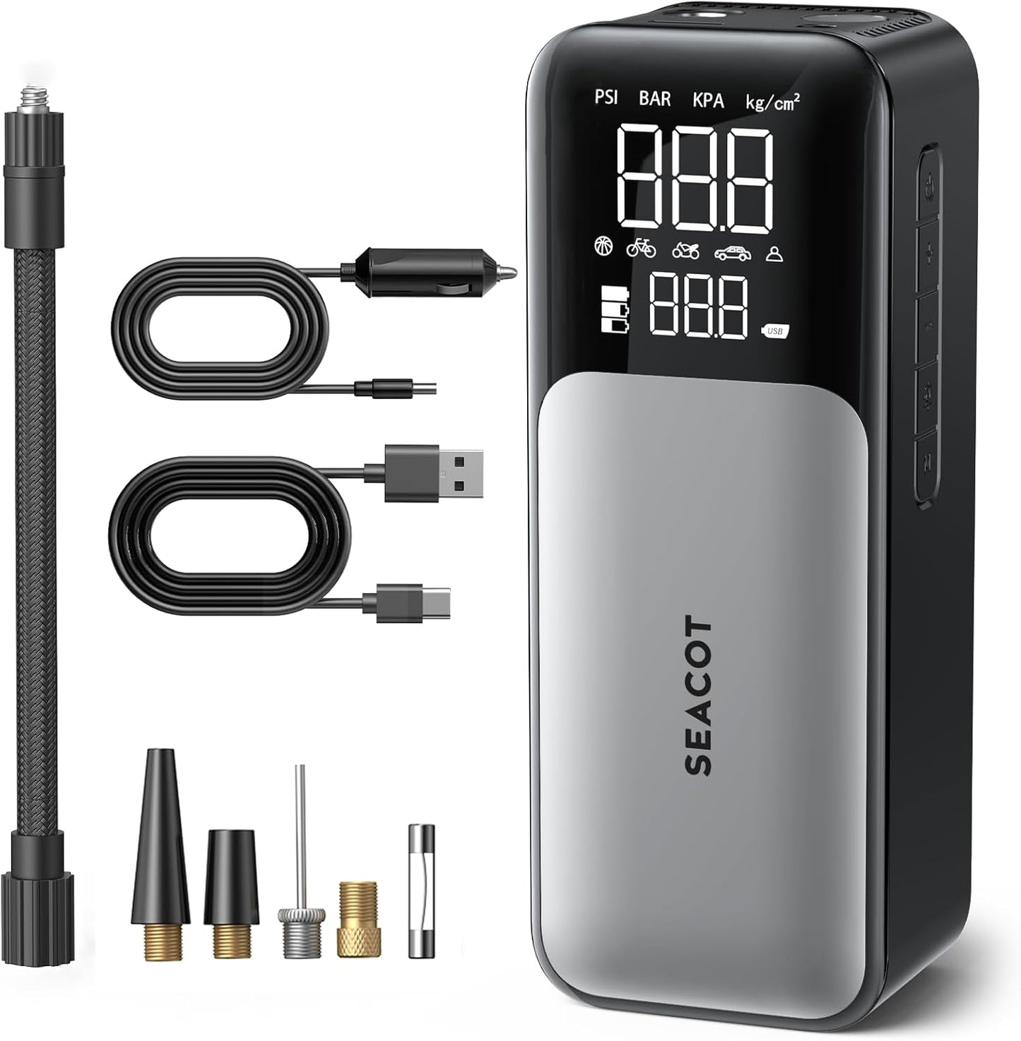 Seacot Portable Air Compressor - 150 PSI Max, 3X Fast Charging - Tire Inflator Pro