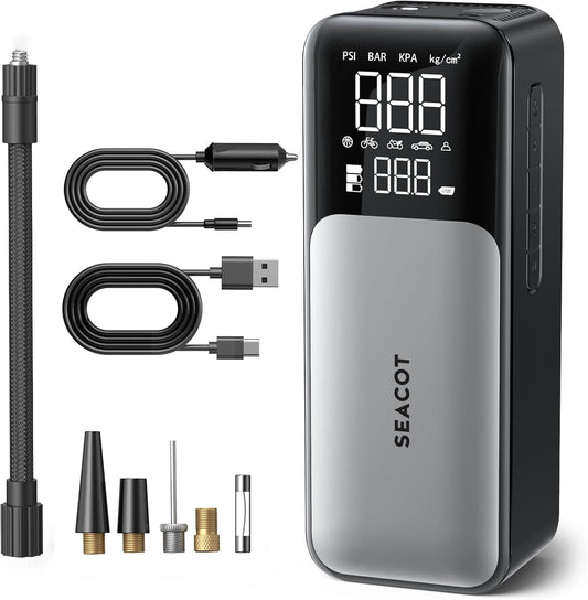 Seacot Portable Air Compressor - 150 PSI Max, 3X Fast Charging - Tire Inflator Pro