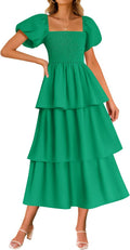 Women's Boho Midi Dress Short Puff Sleeve Tiered Summer Dress