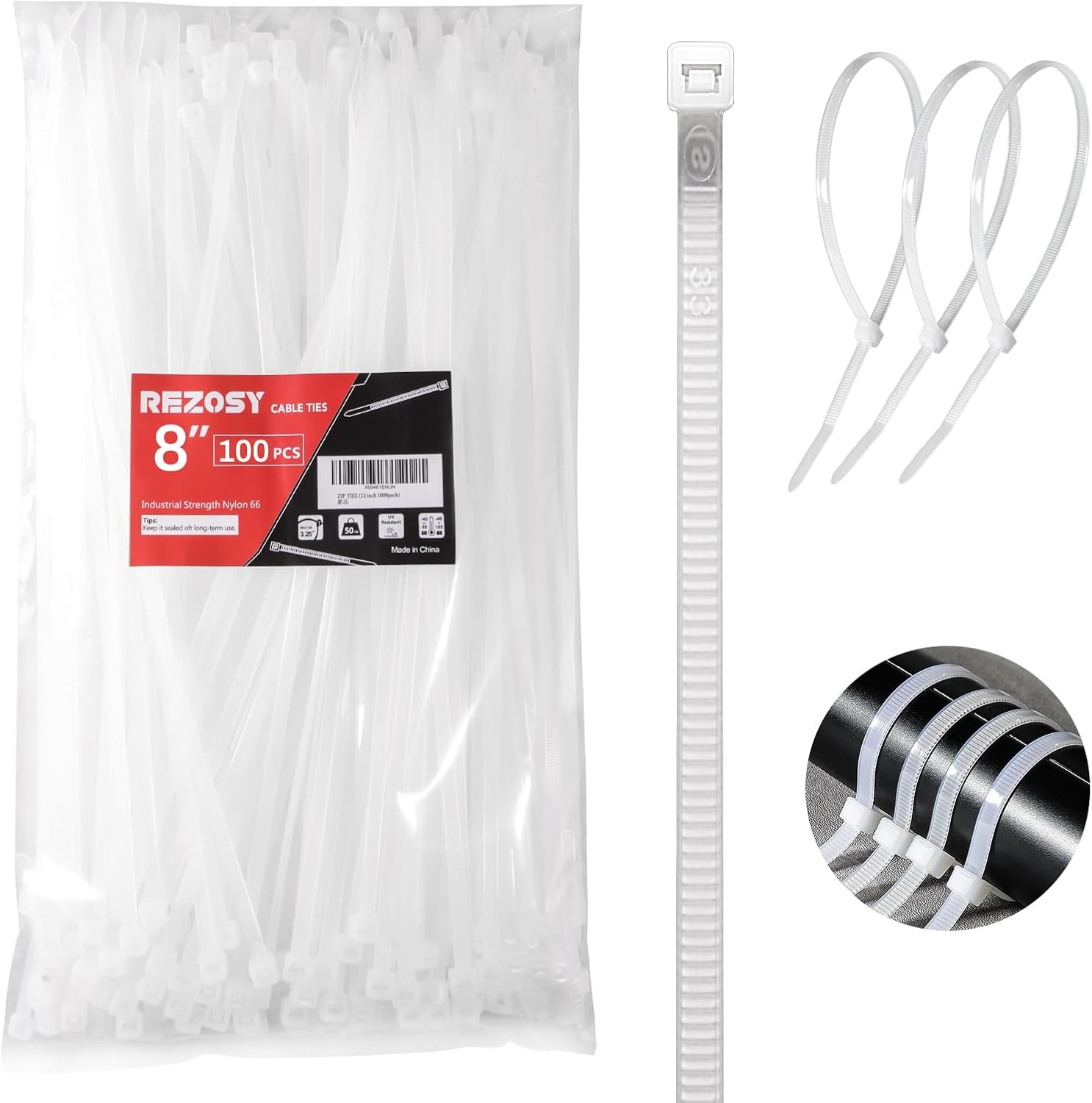 REZOSY 8 Zip Ties 100 Pack Strong 40 lbs - Indoor/Outdoor Use