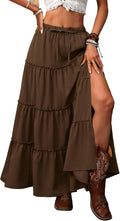 ELLEVEN Women's Boho Rayon Blend Slit Tiered Maxi Skirt - Pockets