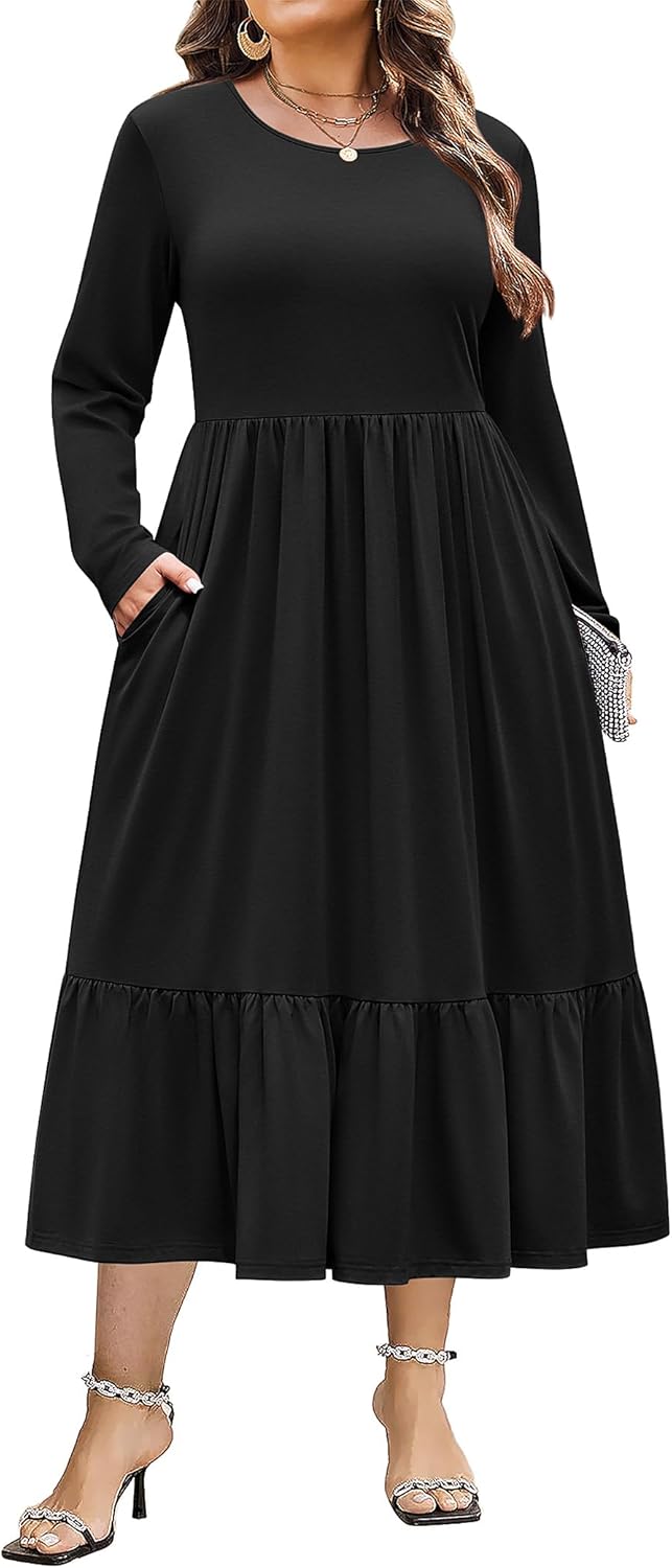 Plus Size Long Sleeve Dress with Pockets for Women Casual Wear