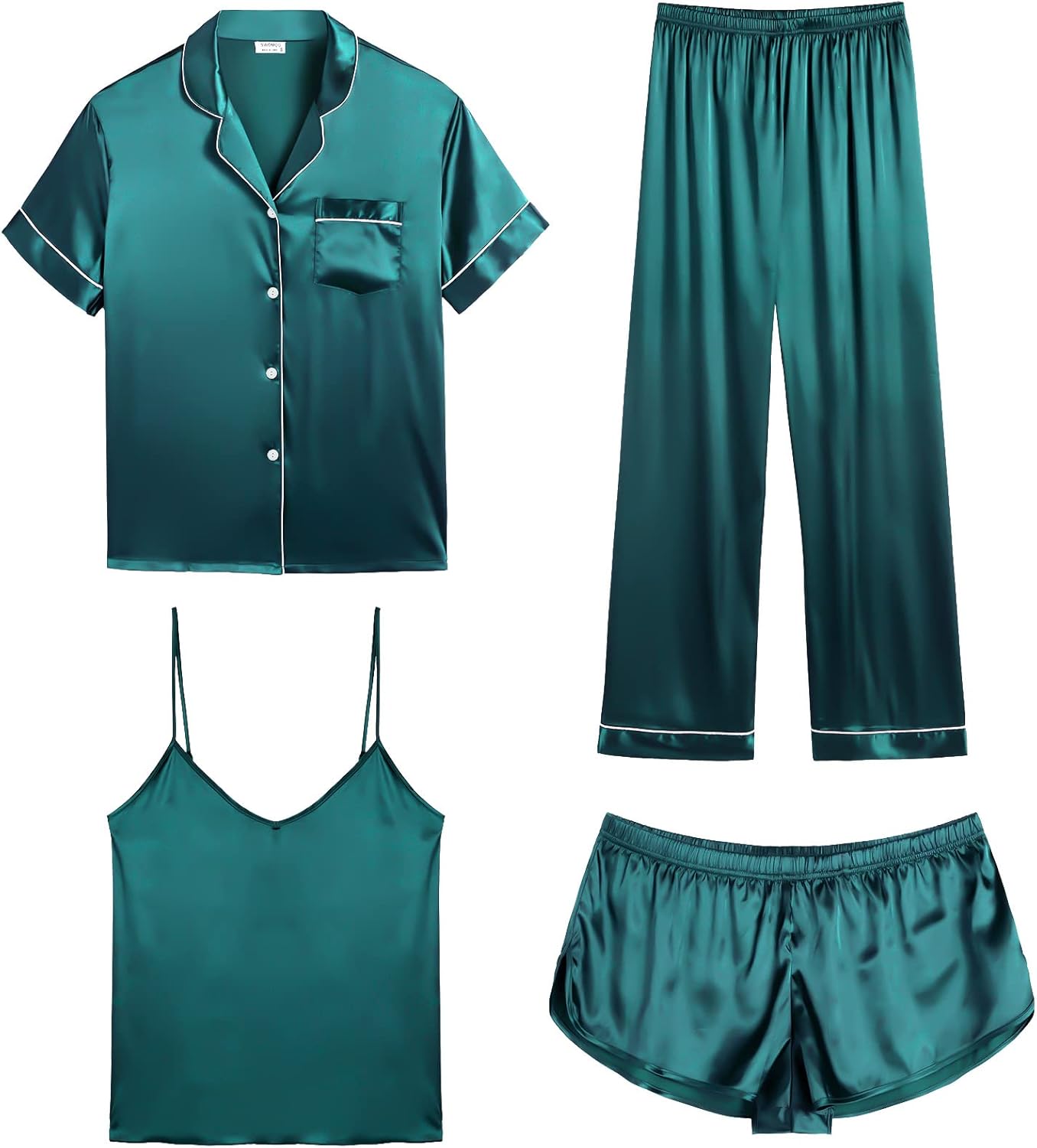 Luxurious SWOMOG Womens Silk Satin Pajamas 4pcs Sleepwear Set