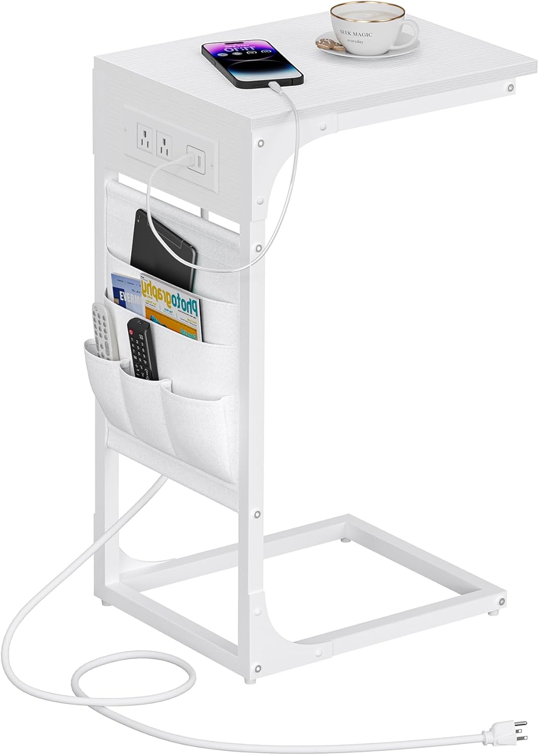 C Shaped End Table with Charging Station for Sofa and Couch