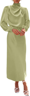 Mock Neck Satin Dress Maxi - Elegant Long Sleeve Formal Women's