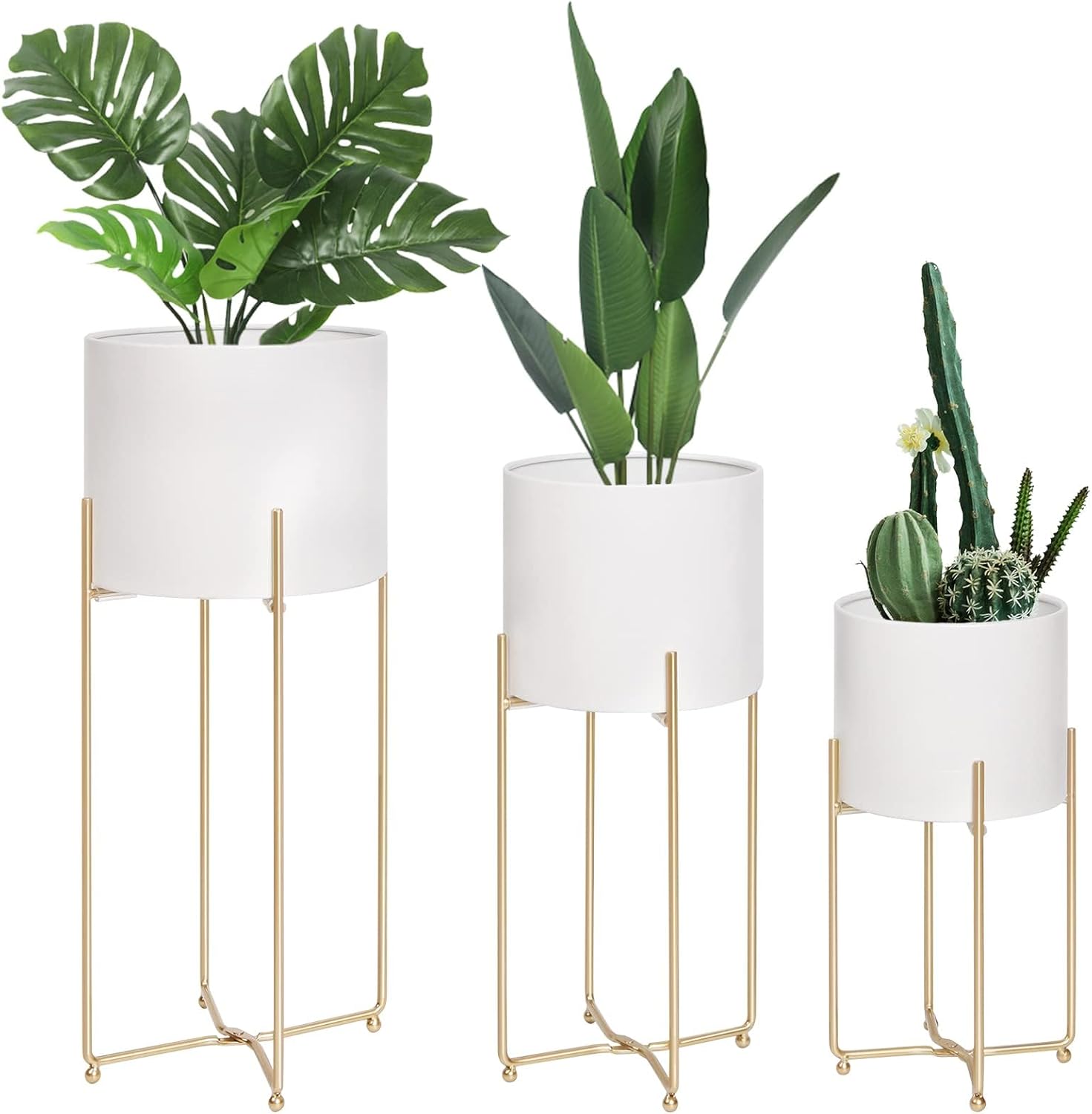 Floor Standing White Planters with Gold Stands for Indoor Plants