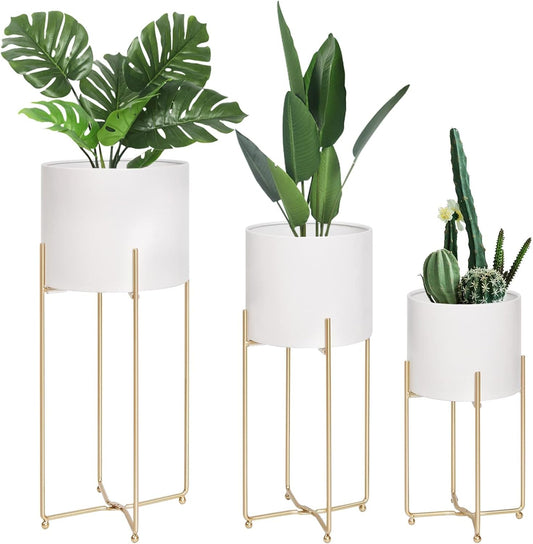 Floor Standing White Planters with Gold Stands for Indoor Plants