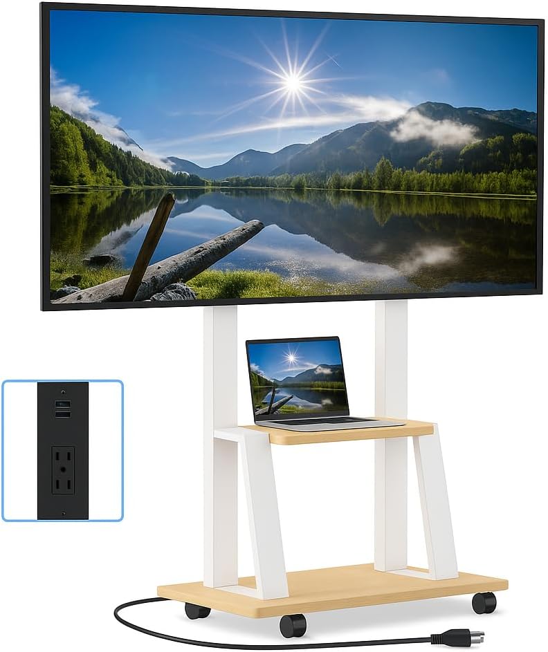 Rolling TV Stand for 32-80 Inch TVs with Power Outlet and Wheels
