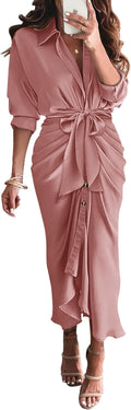 Maxi Dresses for Women Satin Shirt Dress - Belted Ruched Fit