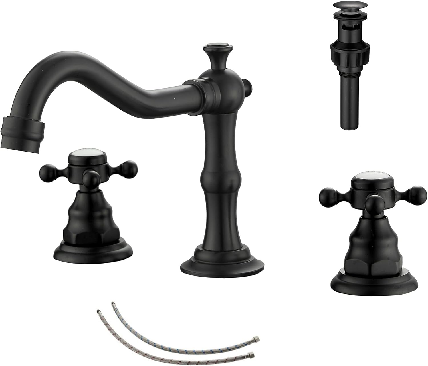 GGStudy Matte Black Bathroom Faucet with 2 Handles and Drain