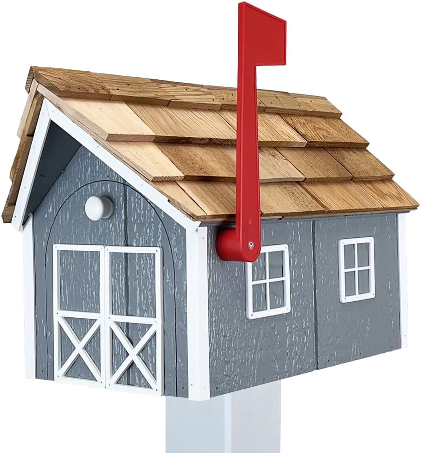 Amish Cedar Roof Wooden Mailbox with Window & Door Trim