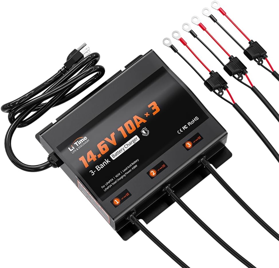 LiTime 3-Bank Smart Battery Charger for RVs and Boats