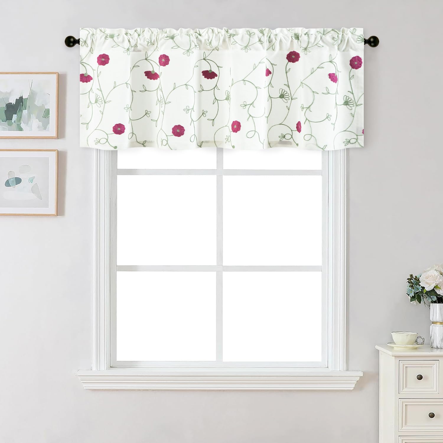 VOGOL Country Style Linen Valance, Embroidered 60x18, Pink