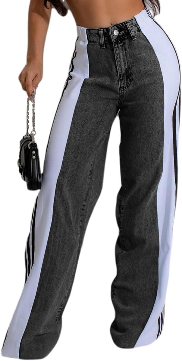 High Waisted Wide Leg Patchwork Stripes Stretchy Jeans for Women