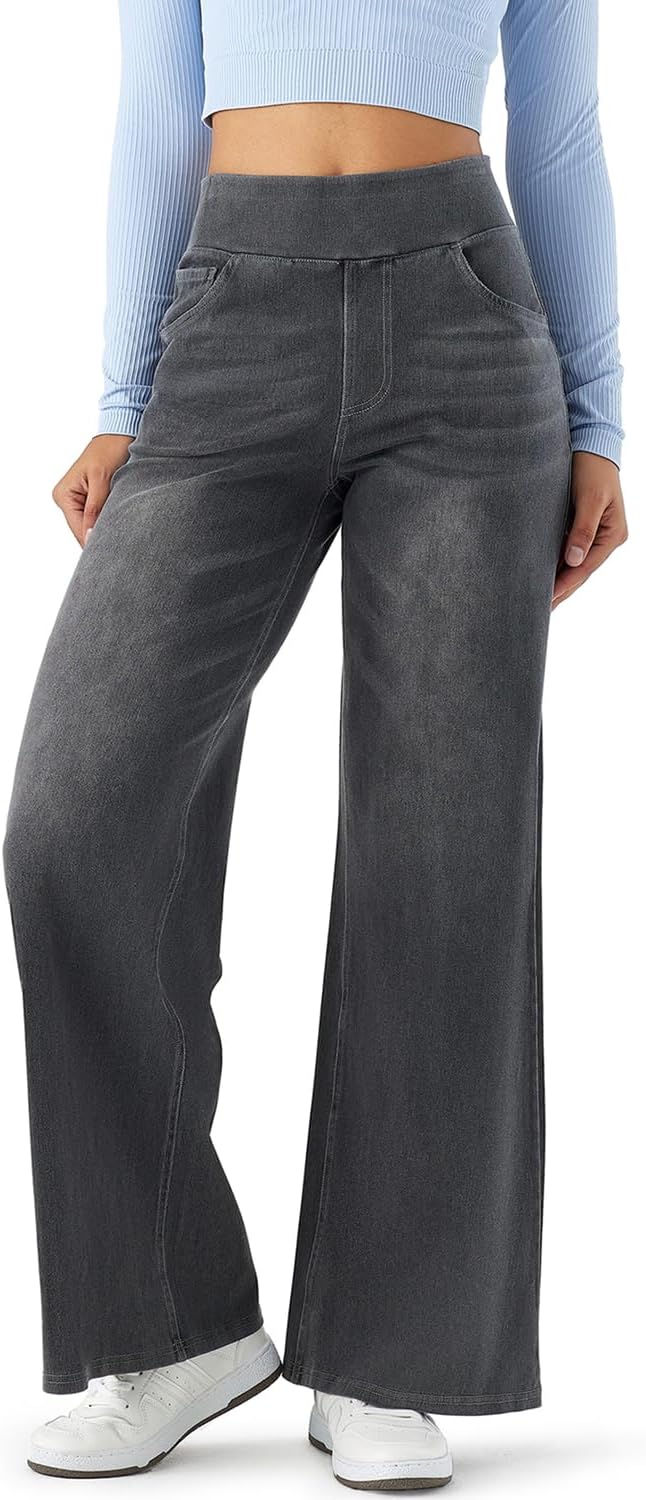 Women's High Rise Wide Leg Jeggings - Soft Denim with Pockets