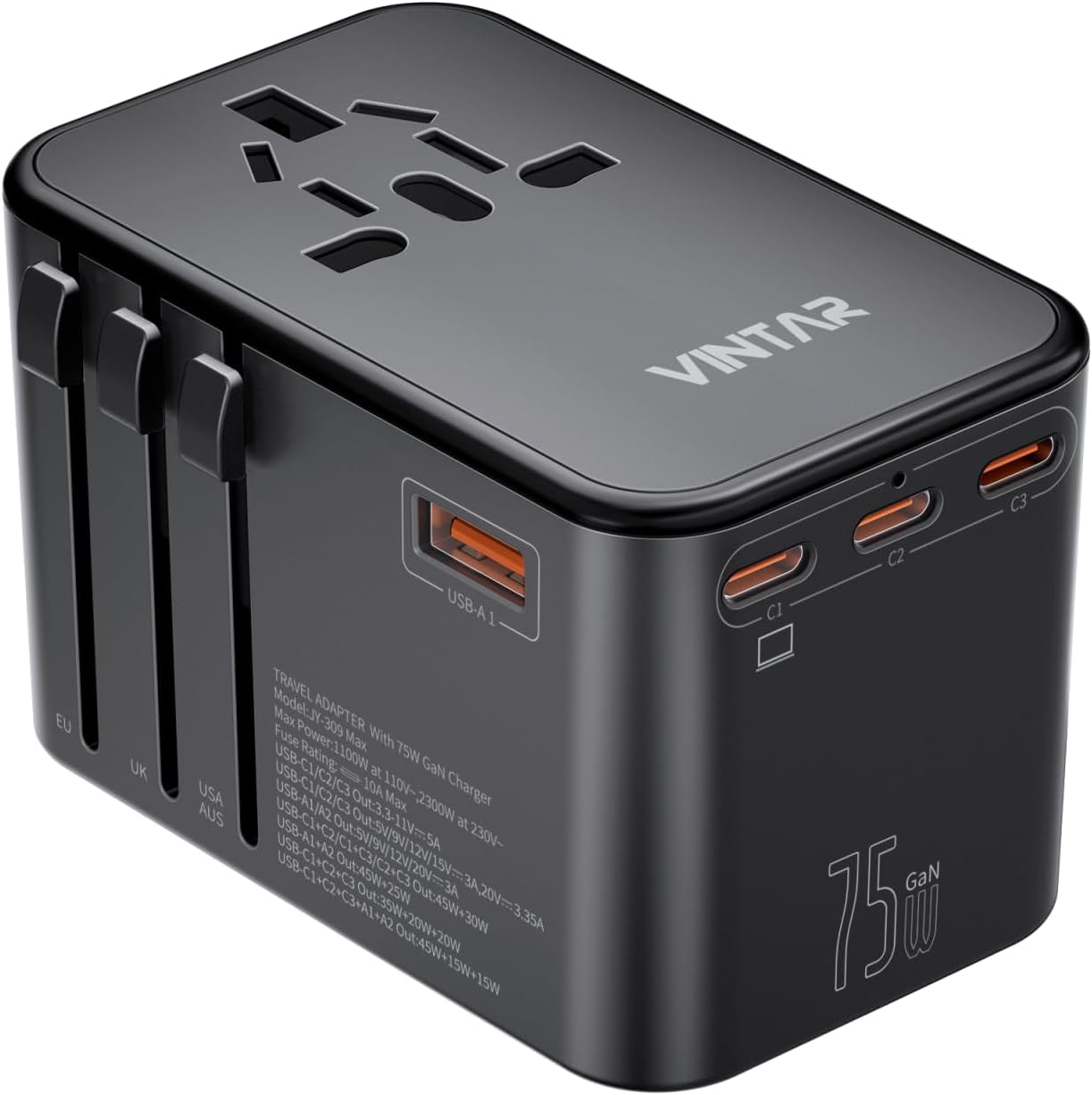 Universal Travel Adapter with 75W GaN Fast Charge for Global Use