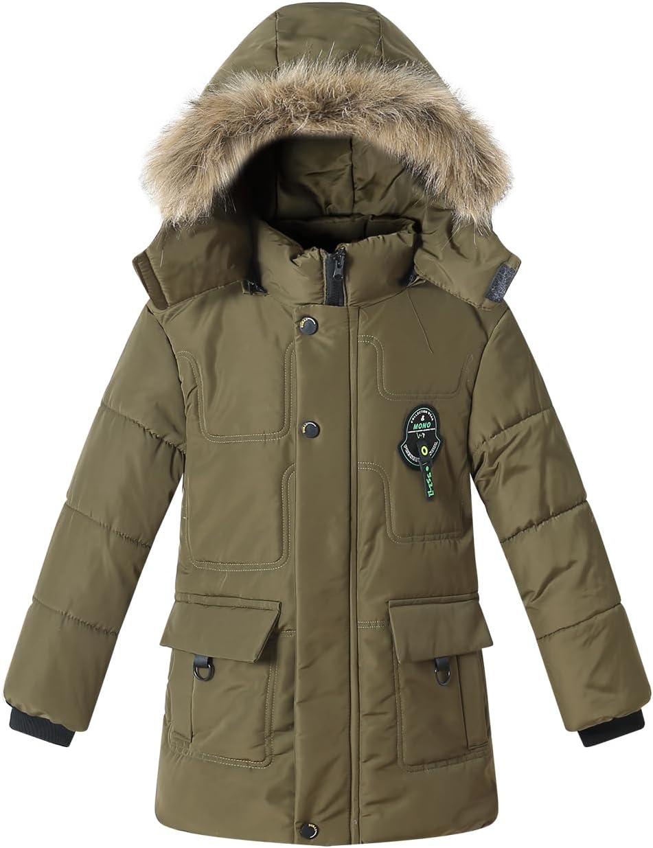 Boy Winter Fleece Coat Puffer Jacket with Faux Fur Hood
