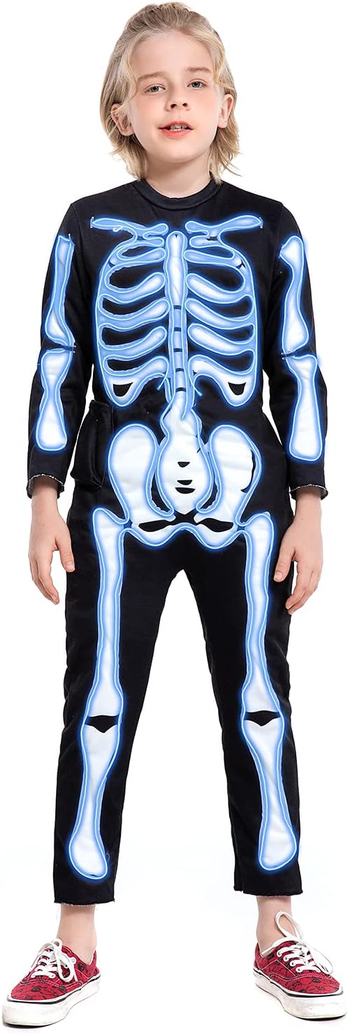 HSCTEK Child Light-up Skeleton Costume with EL Wire for Halloween