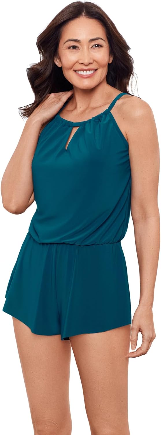 Aqua Green Women's Keyhole Blouson Romper for Stylish Comfort