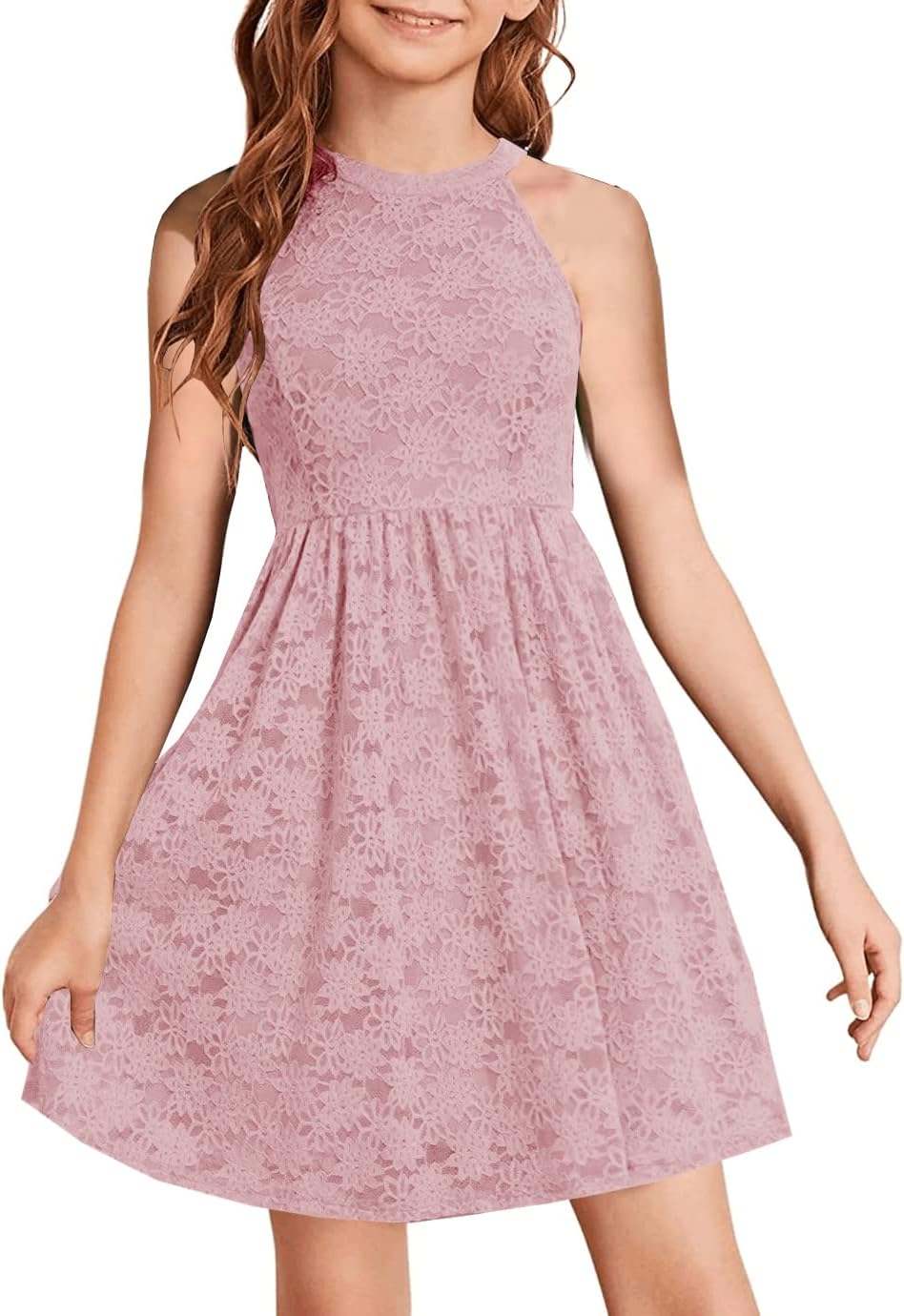 Elegant Floral Lace A-line Flared Swing Dress for Girls 6-12