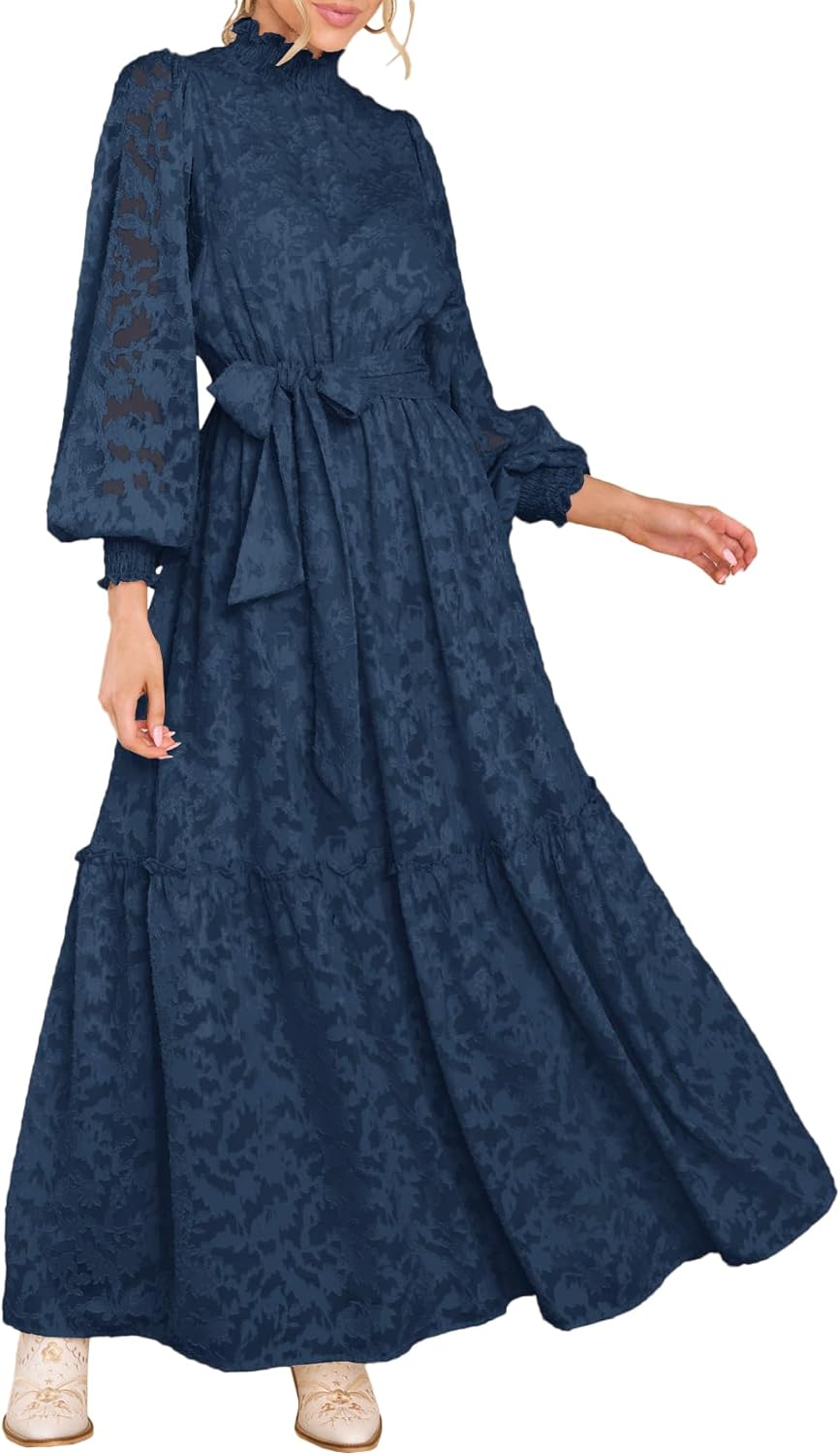Elegant Floral High Neck Long Sleeve Maxi Dress for Women