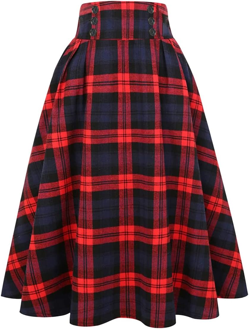Plaid Skirt for Womens High Waist Aline Pleated Midi Skirts