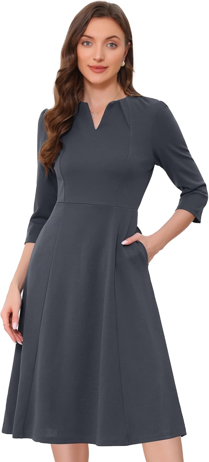 Allegra K Women's Elegant A-Line Midi Dress with Pockets